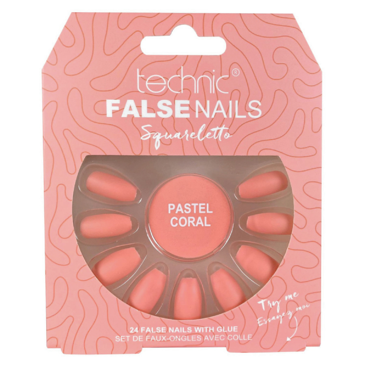 Technic Umělé nalepovací nehty korálové pastelové False nails Squareletto Pastel Coral 24ks s lepidlem