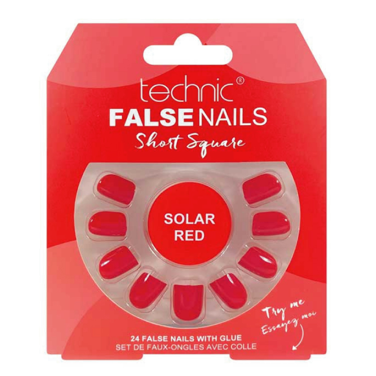 TECHNIC Umělé nalepovací nehty červené FALSE NAILS Square SOLAR RED 24 nehtů s lepidlem