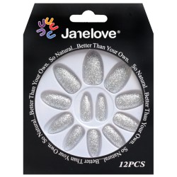 JANE LOVE NAILS Umělé nalepovací nehty 49 stříbrné flitry Stiletto 12ks