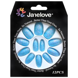 JANE LOVE NAILS Umělé nalepovací nehty 43 světle modré flitry Stiletto 12ks