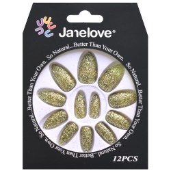 JANE LOVE NAILS Umělé nalepovací nehty 19 zlaté flitry Stiletto 12ks