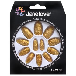 JANE LOVE NAILS Umělé nalepovací nehty 20 zlato žluté flitrové Stiletto 12ks
