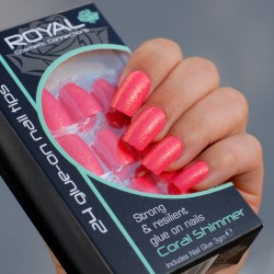 Růžově korálové perleťové umělé nehty s lepidlem