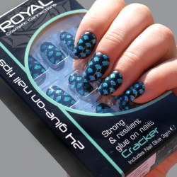 Umělé nehty černé s modrými symboly nalepovací s lepidlem