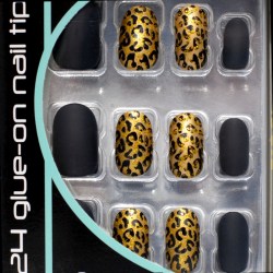 Černé a zlaté umělé nehty s motivy geparda sada s lepidlem