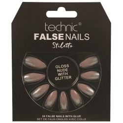 TECHNIC Umělé nalepovací nehty tělové glitrové FALSE NAILS Stiletto Gloss Nude with Glitter 24 nehtů s lepidlem