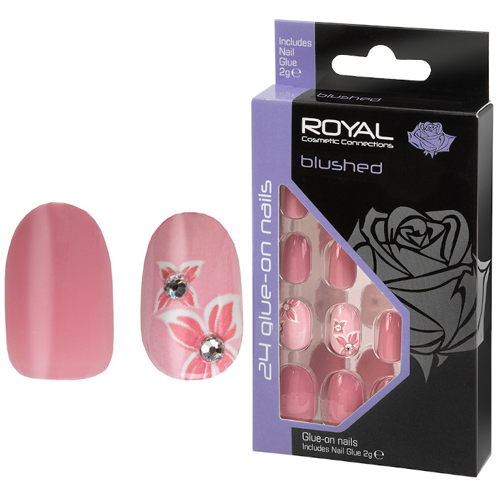 ROYAL Nude růžové umělé nalepovací nehty kytičky a kamínky Blushed Oval 24ks s lepidlem 2g