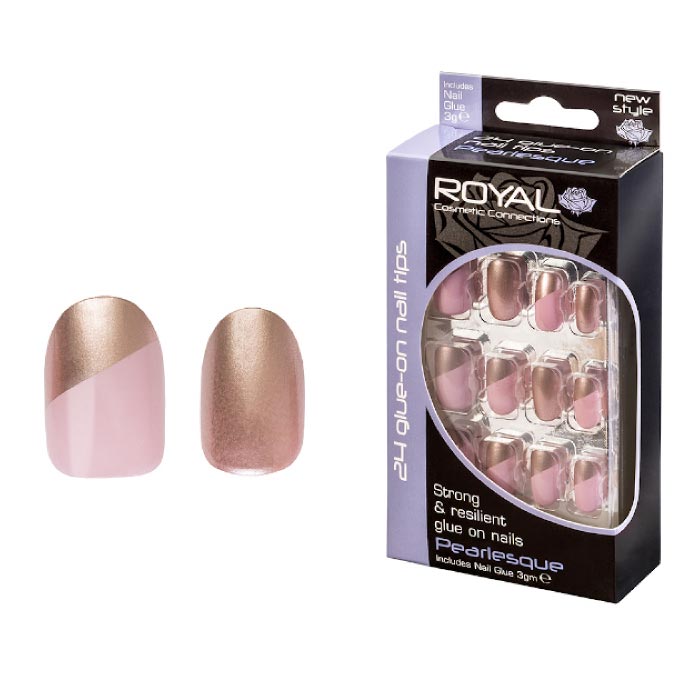 ROYAL Růžovo zlaté umělé nalepovací nehty sada 24ks s lepidlem 3g Pearlesque OVAL False nails