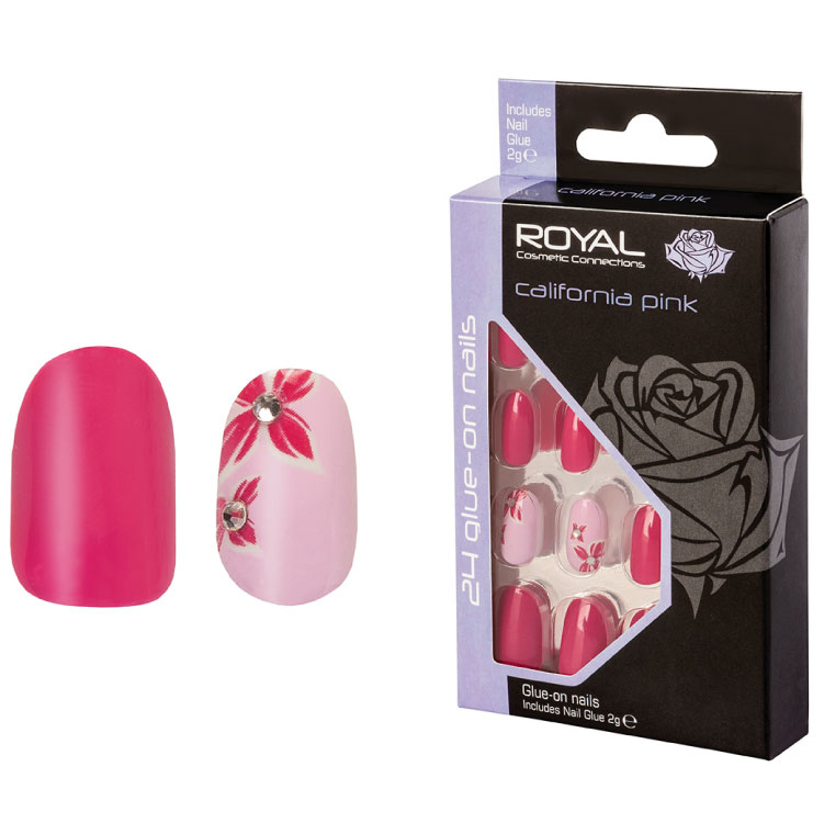 ROYAL Růžové a květinové umělé nalepovací nehty s kamínky Oval California Pink 24ks s lepidlem 2g