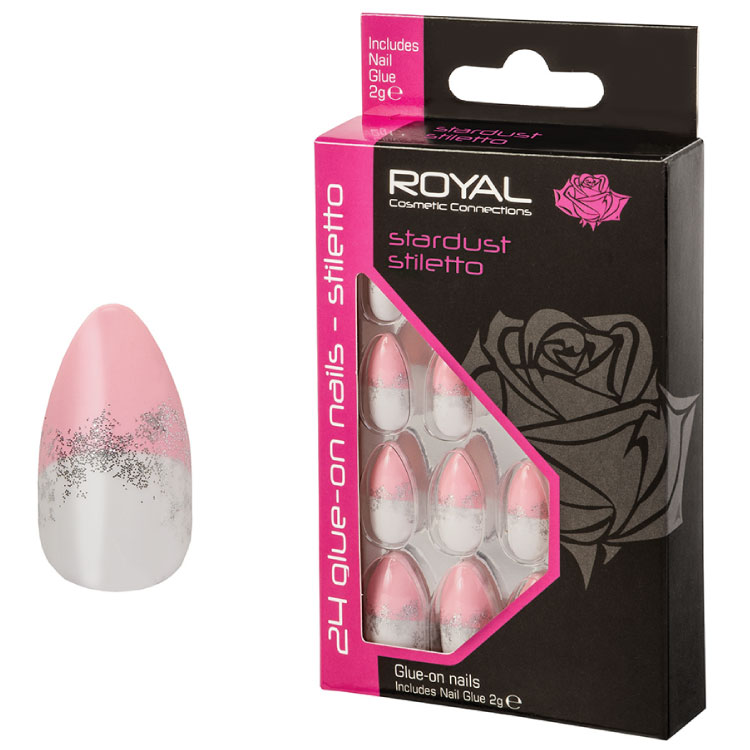 ROYAL Růžovo bílé umělé nalepovací nehty s jemnou perletí Stardust Stiletto 24ks s lepidlem 2g