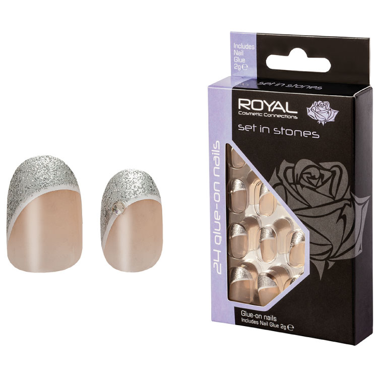 ROYAL Tělové umělé nalepovací nehty se stříbrnou perletí a kamínky Oval Set In Stones 24ks s lepidlem 2g