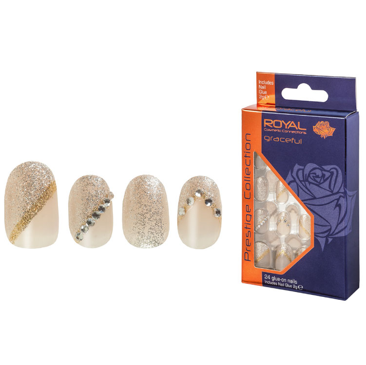 ROYAL Umělé nalepovací nehty slonovinové s perletí a kamínky Graceful Oval Prestige Collection 24ks s lepidlem