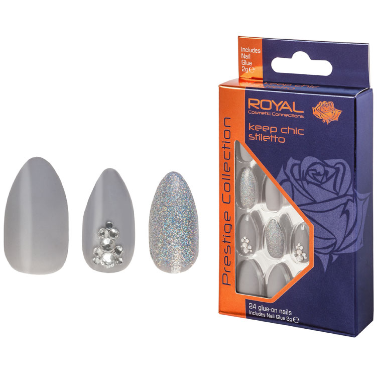 ROYAL Umělé nalepovací nehty šedé a stříbrné s kamínky KEEP CHIC Stiletto 24ks s lepidlem