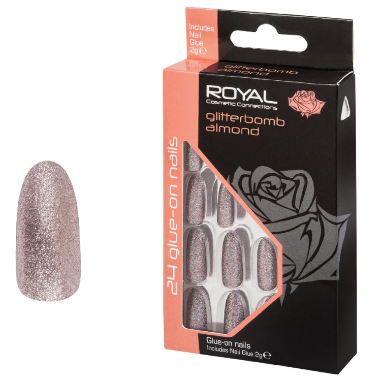 ROYAL Perleťové umělé nalepovací nehty GlitterBomb Almond 24ks s lepidlem