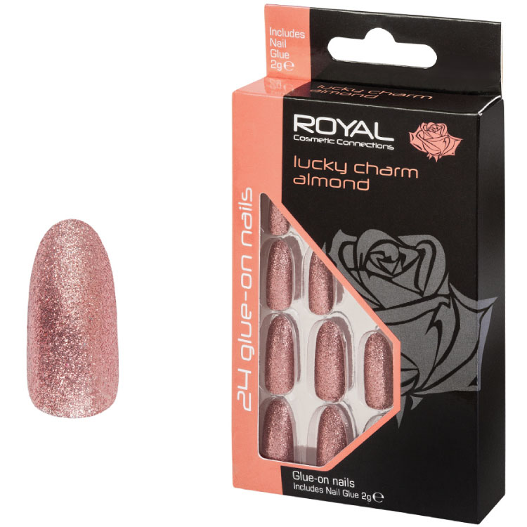 ROYAL Perleťové umělé nalepovací nehty v jemném odstínu Rose Gold Lucky Charm Almond 24ks s lepidlem