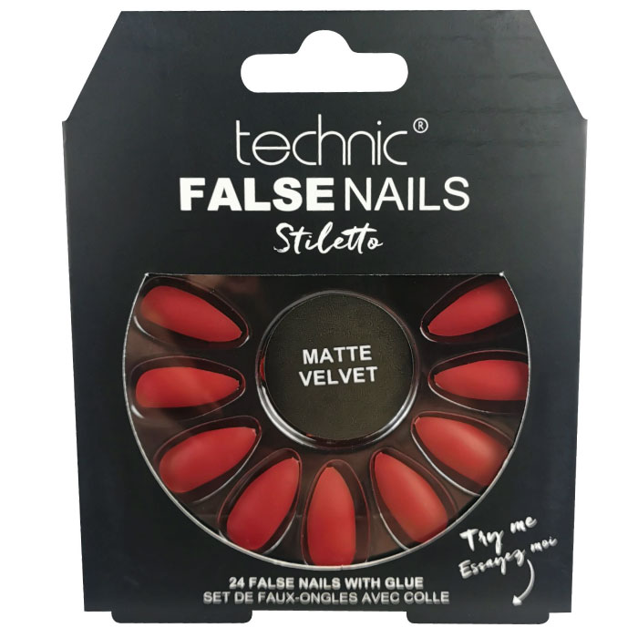 TECHNIC Umělé nalepovací nehty sametově červené matné FALSE NAILS Stiletto Red Matte Velvet 24 nehtů s lepidlem