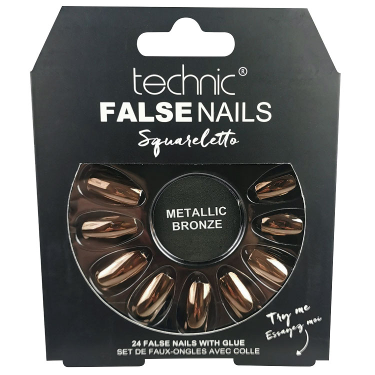 TECHNIC Umělé nalepovací nehty bronzové FALSE NAILS Squareletto Metallic Bronze 24 nehtů s lepidlem